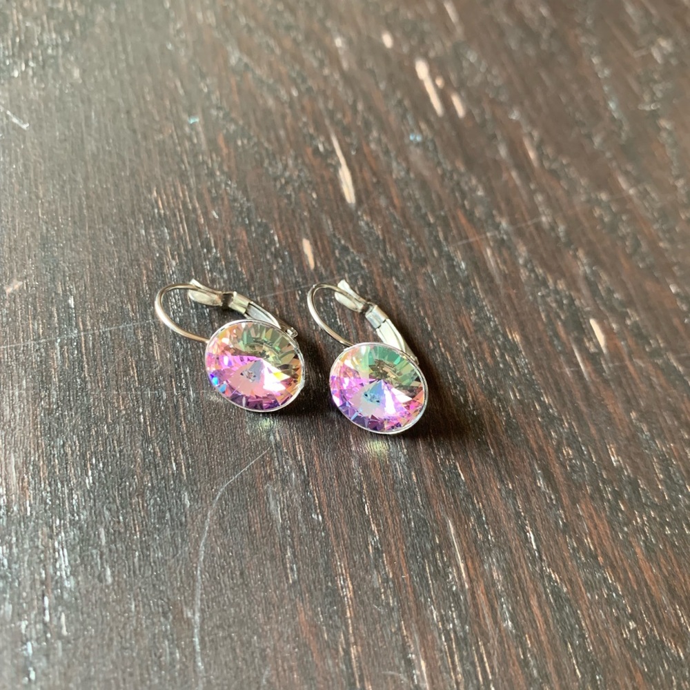 Purple/Green Iridescent Glass Earrings Silver Trim